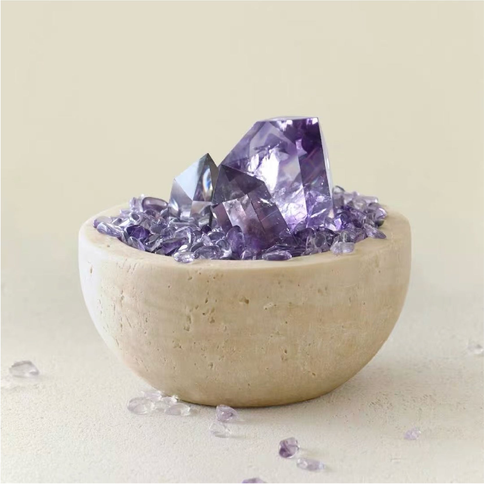 Travertine Stone Bowl with Raw Amethyst Cluster