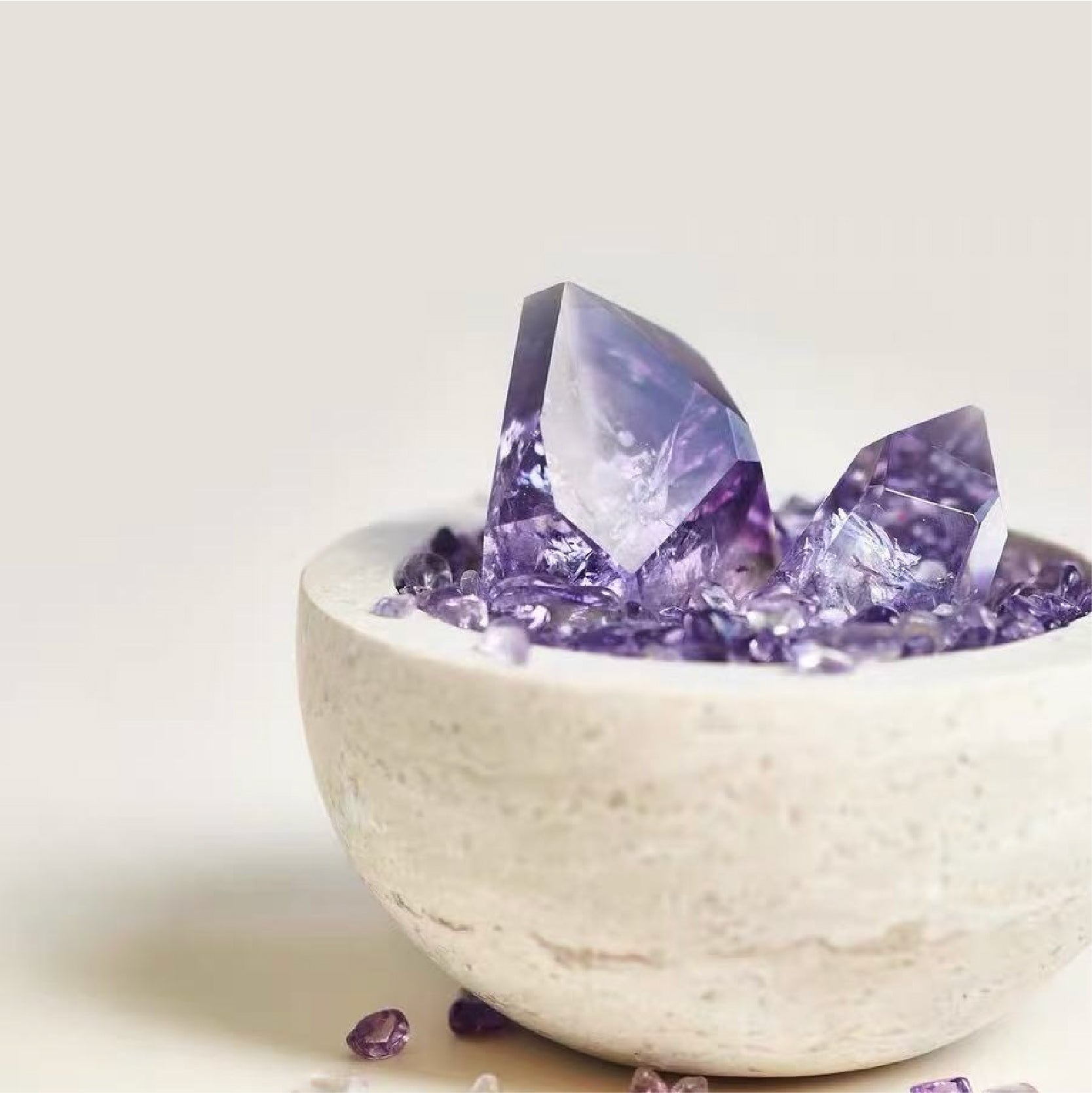 Travertine Stone Bowl with Raw Amethyst Cluster