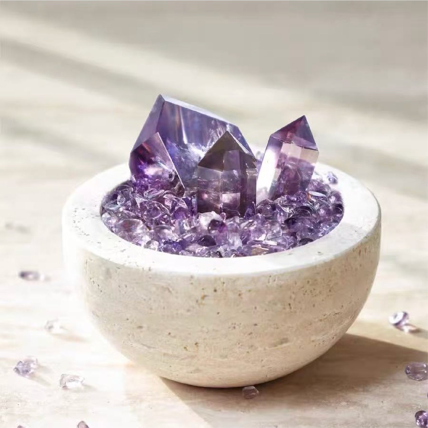 Travertine Stone Bowl with Raw Amethyst Cluster