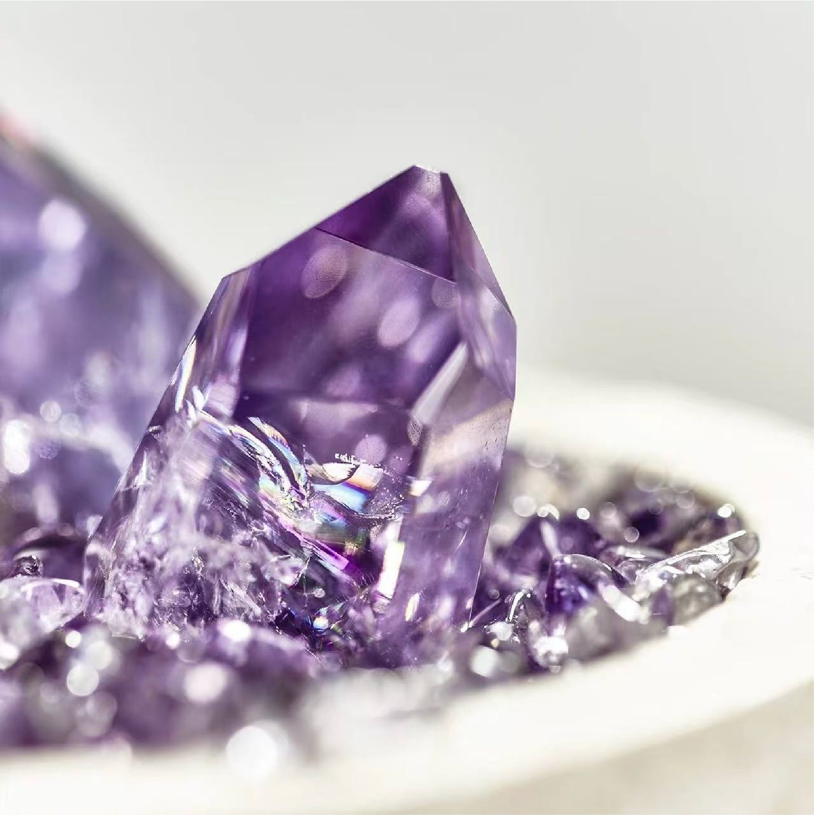 Travertine Stone Bowl with Raw Amethyst Cluster