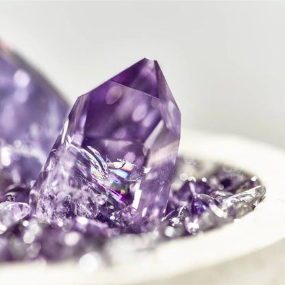 Travertine Stone Bowl with Raw Amethyst Cluster