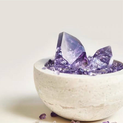 Travertine Stone Bowl with Raw Amethyst Cluster