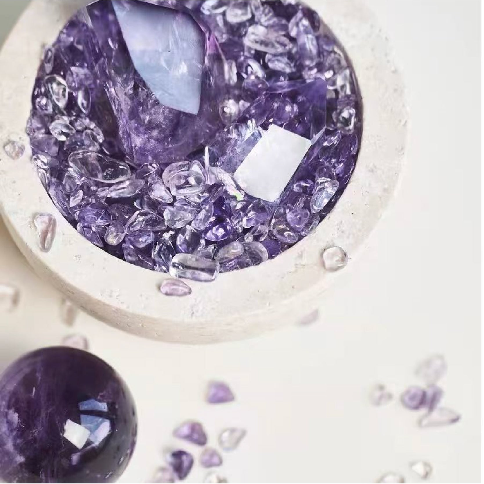 Travertine Stone Bowl with Raw Amethyst Cluster