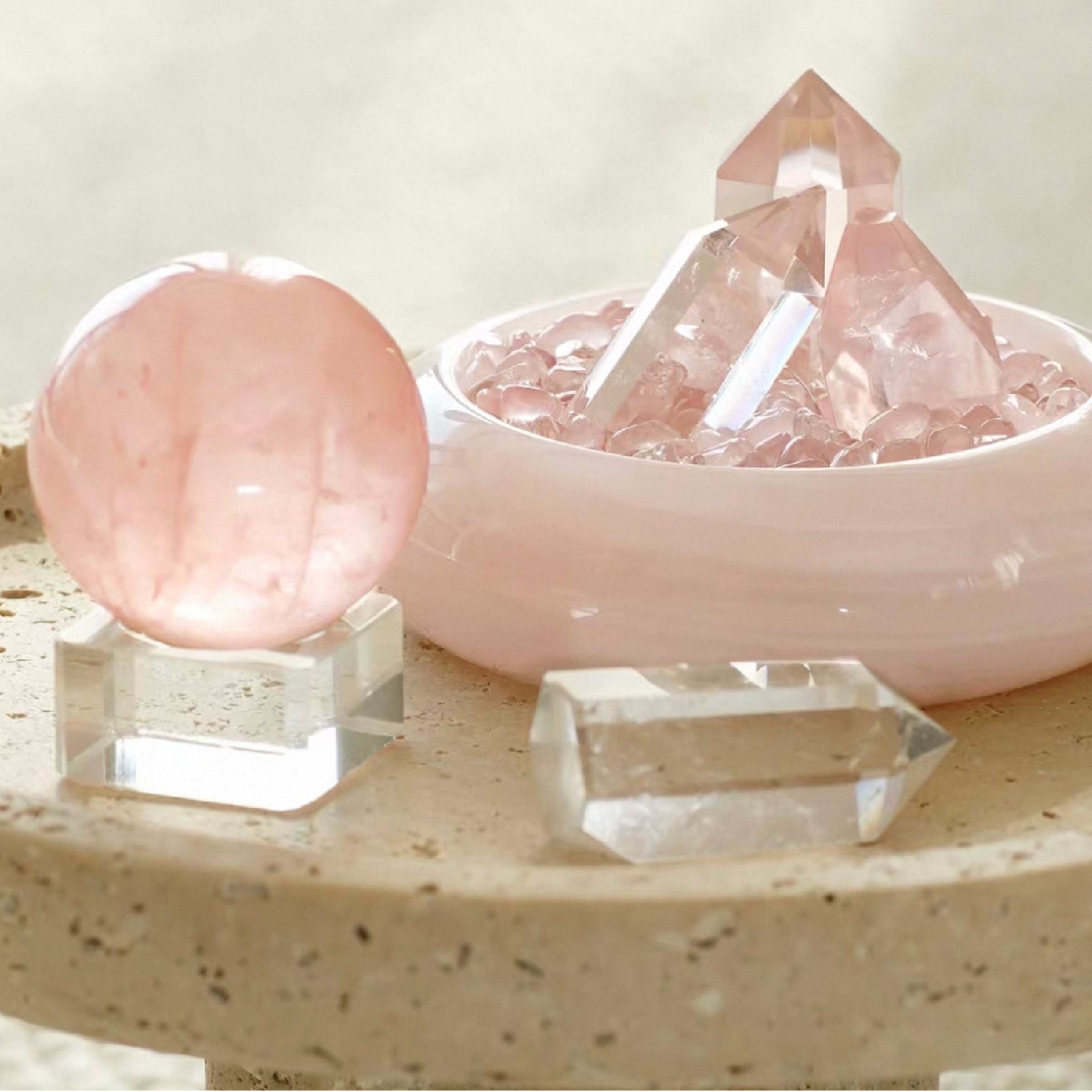 Glass Pedestal Stand Rose Quartz Sphere