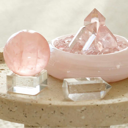 Glass Pedestal Stand Rose Quartz Sphere
